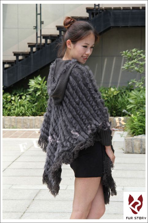 fur hooded shawl rabbit rabbit fur hooded Real scarf Big cape scarf wrap hat stole  Knitted poncho