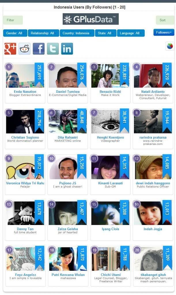 top 20 pengguna google plus Indonesia