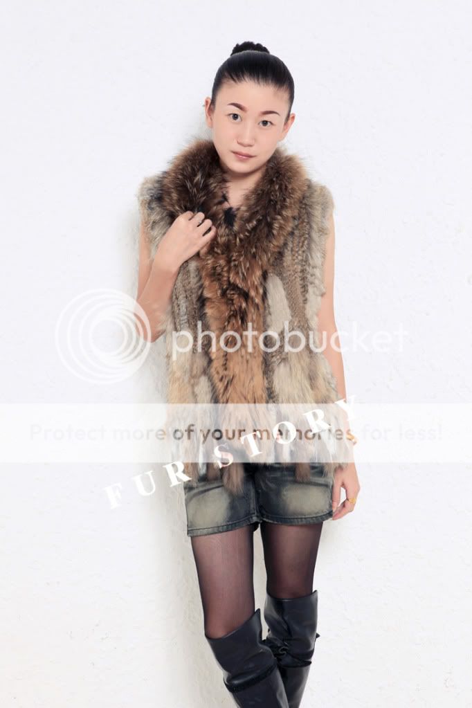 real rabbit fur vest raccoon trim hand knit coat Gray  